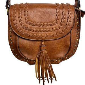 Boho Western Brown Vegan Leather Saddle Crossbody Bag Tassel Studded Festival